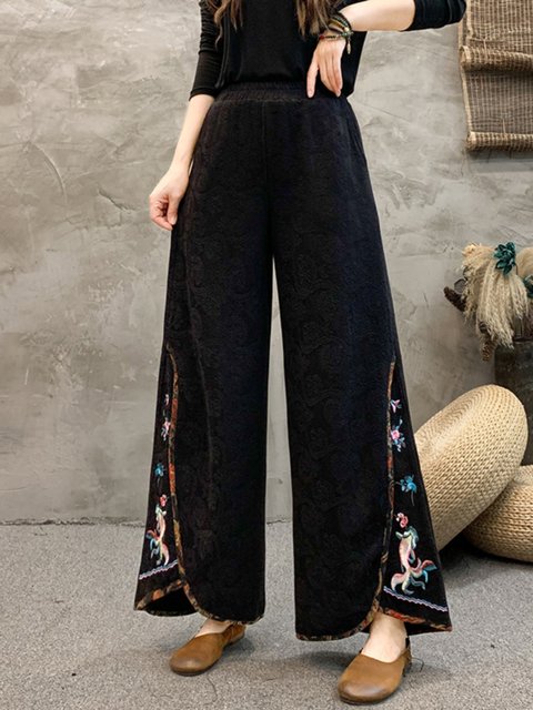 Ethnic style embroidered wide-leg pants for women in spring and autumn new high-waist drooping loose casual and fashionable large-size leg-show trousers
