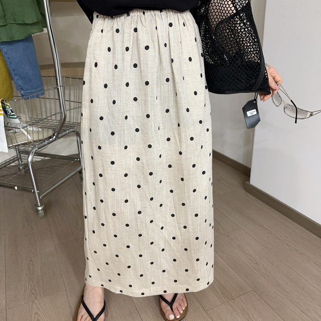 European Station 2025 summer new elastic waist straight-tube slimming polka dot printed skirt versatile literary mid-length skirt