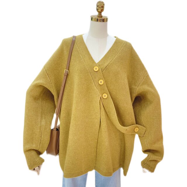 Design buttons lazy v-neck Typhoon solid color loose large size New Year red knitted sweater jacket women's fashion