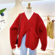 Design buttons lazy v-neck Typhoon solid color loose large size New Year red knitted sweater jacket women's fashion