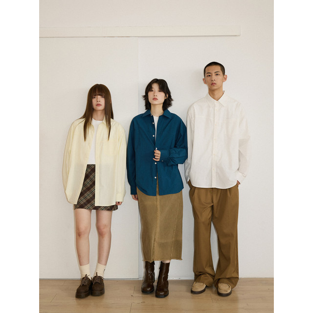 LR MADE 24AW 60 count long-staple cotton simple pressed line versatile solid color square collar long-sleeved shirt