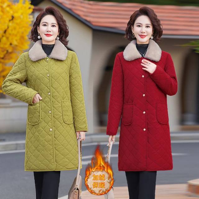 Western-style middle-aged mother's winter cotton-padded coat, mid-length velvet thickened cotton-padded jacket for middle-aged and elderly women, winter casual cotton-padded coat