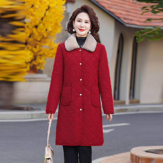 Western-style middle-aged mother's winter cotton-padded coat, mid-length velvet thickened cotton-padded jacket for middle-aged and elderly women, winter casual cotton-padded coat