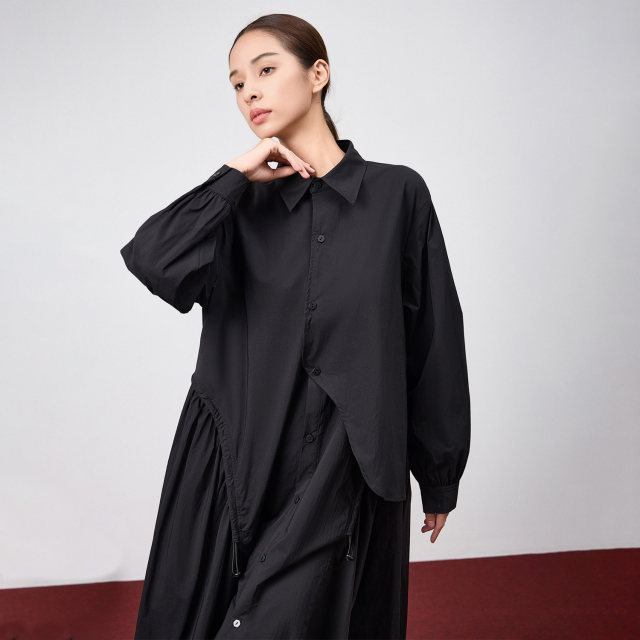 odbo/Odibio fashion design niche fake two-piece spliced ​​black dress women loose shirt skirt