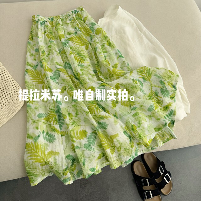 Green. Exclusively dyed natural 100 pieces of ramie fermented A-line mid-length skirt made of large skirt
