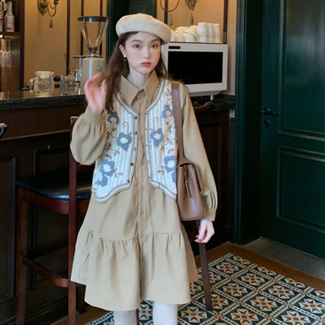 Large size women's clothing 2025 new versatile hook vest + ruffled slim dress Fat sister's fashionable suit
