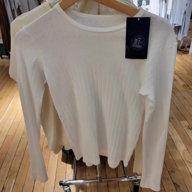 BM hollow net Eye long -sleeved T -shirt women's official website spring and autumn new white lace round necklasses slimming thin top
