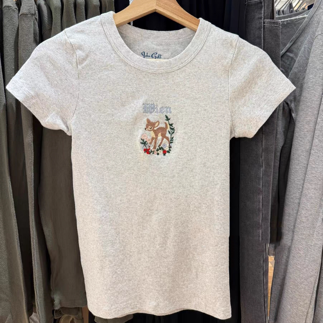 BM official website gray deer embroidered T-shirt for women in summer new hot girls slim and versatile round neck short-sleeved top