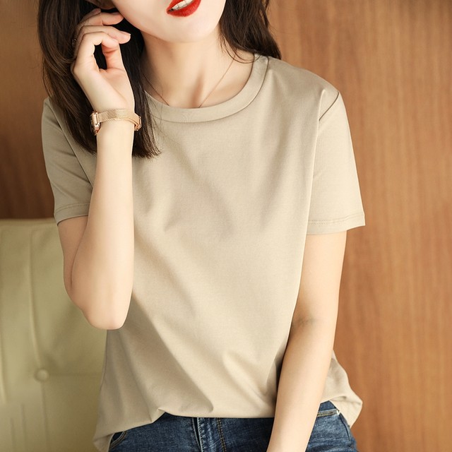 80 double-sided mercerized cotton hidden blue T-shirt for women, loose ...