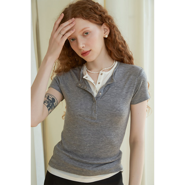 Henry neck retro American Tennis wool fake two-piece skin-friendly short-sleeved T-shirt for women's design inner slim body
