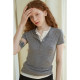 Henry neck retro American Tennis wool fake two-piece skin-friendly short-sleeved T-shirt for women's design inner slim body
