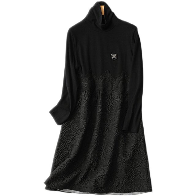 Mall counter export big -name women's clothing in autumn and winter high -necked lace jet temperament large size cover meat dress
