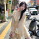 Acaine Long Island Ice Tea/Medium-length Printed Chiffon Long Sleeve V-neck Dress for Women Summer French Retro Skirt