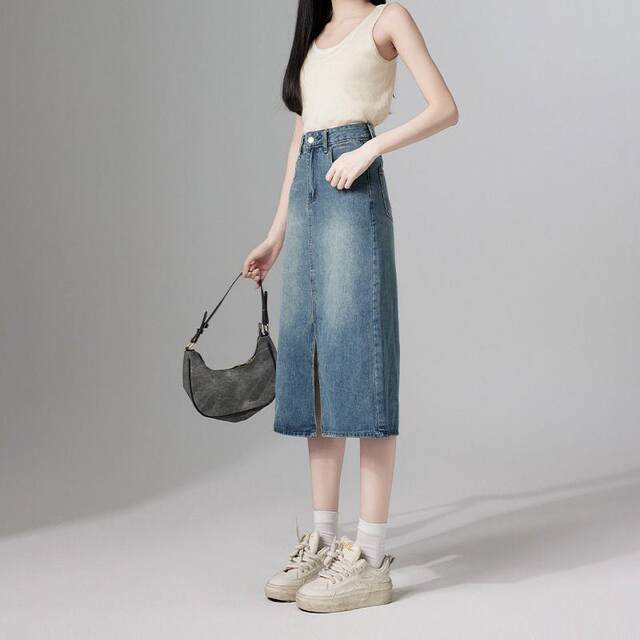 High waist slit denim skirt for women 2024 summer new small a-line skirt retro hip skirt long skirt
