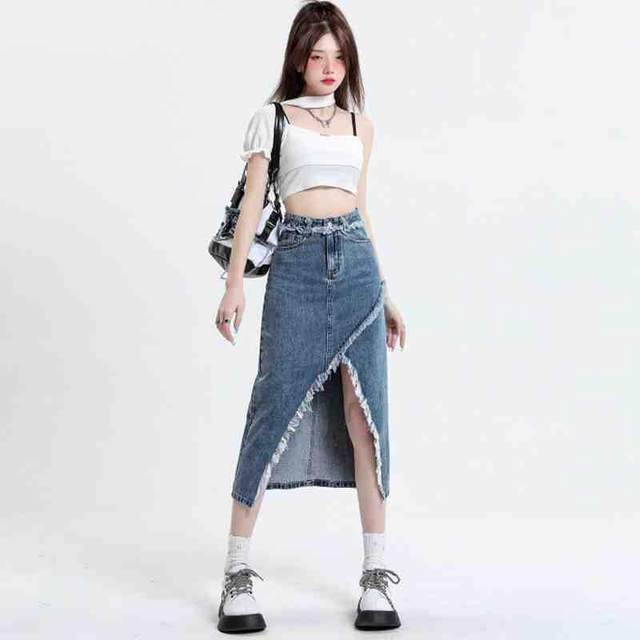 
High-waisted irregular slit denim skirt for spring and summer new slim retro fur edge design a-line long skirt