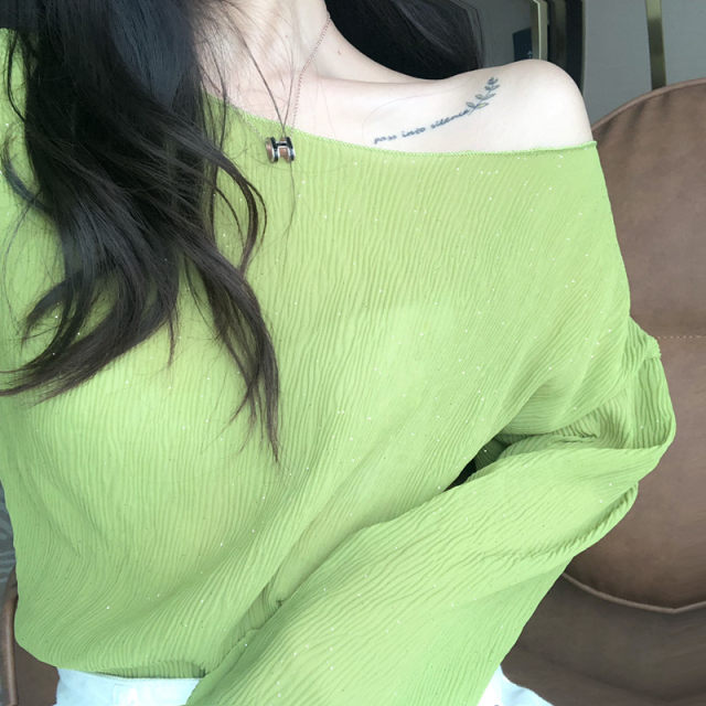 Spring long-sleeved one-length neck off-shoulder top perspective sun protection wrinkle chiffon shirt blouse air conditioning shirt short top for women