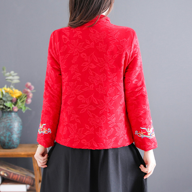 
Ethnic style embroidered disc-button cotton coat for women in autumn and winter mother's cotton coat with stand collar, short national style jacquard cotton-padded jacket