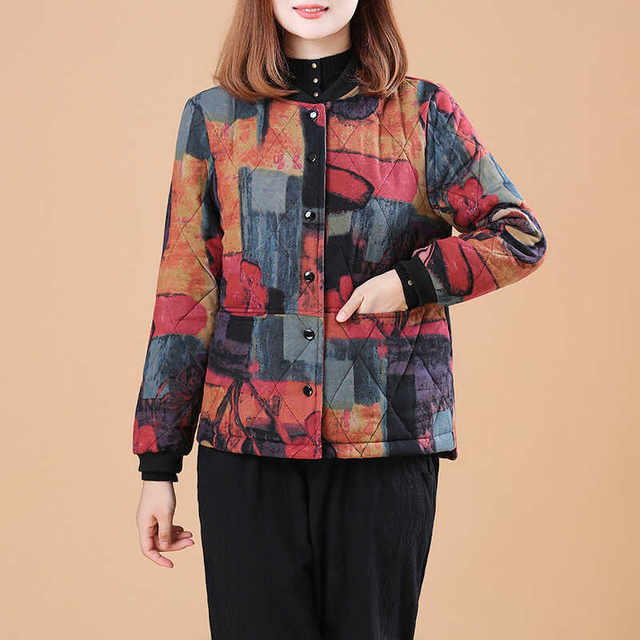 Autumn and winter Middle -aged mother cotton and linen large size foreign qi print cotton coat thin outer jacket female short top national wind cotton jacket
