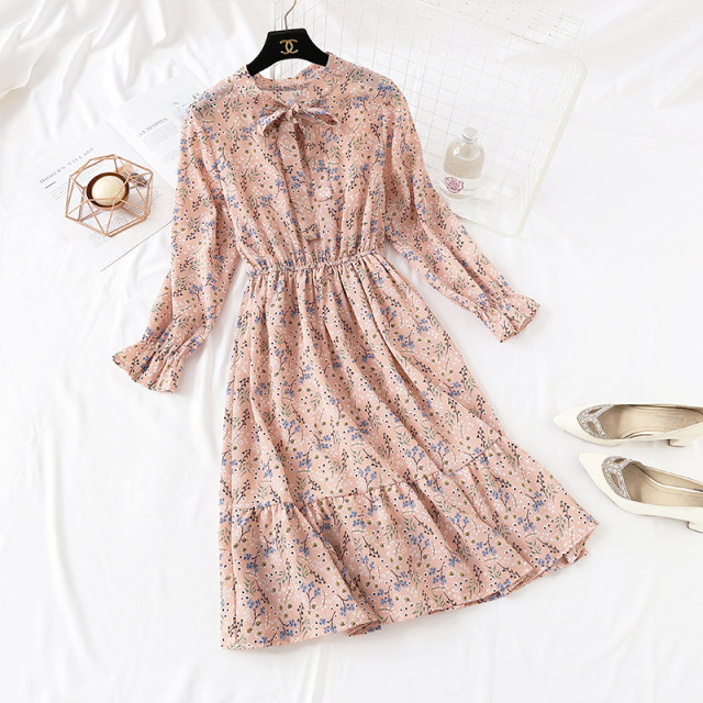 Long-sleeved floral dress for women in spring and autumn 2024 new chiffon skirt retro fresh base long skirt winter