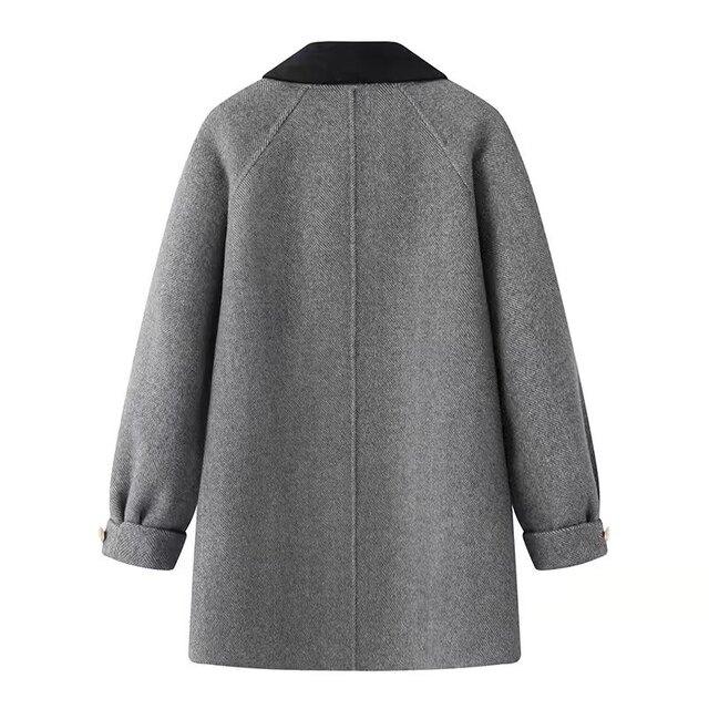 Double-sided woolen coat, high-end new style, contrasting color lapel, gold button placket, gray plaid, Korean style style, coat 1.13