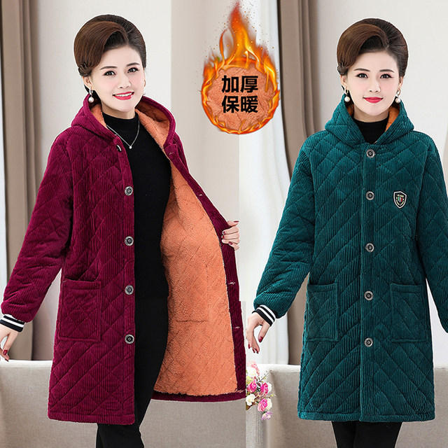 Middle -aged and elderly loose cotton covers with velvet women's middle and long mothers in winter plus velvet jacket cotton jacket thickened warm sleeve hanging
