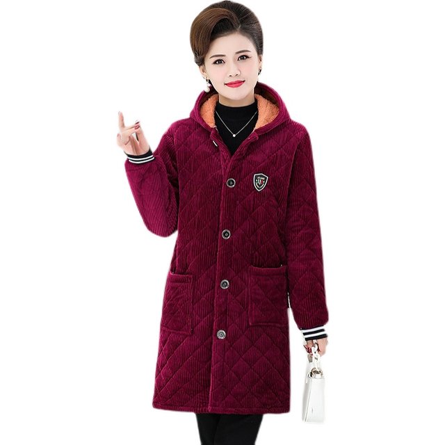 Middle -aged and elderly loose cotton covers with velvet women's middle and long mothers in winter plus velvet jacket cotton jacket thickened warm sleeve hanging
