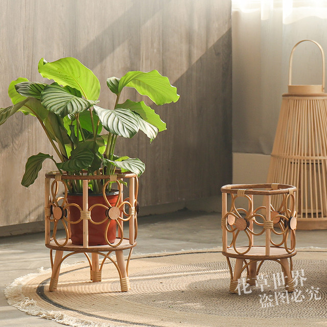 Nordic rattan floor-standing flower stand flower pot plastic rattan woven flower basket green plant set pot home living room balcony decoration flower utensil
