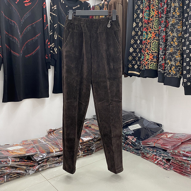Middle-aged and elderly elastic waist 2021 corduroy autumn trousers 40-year-old women's thick pants 50-year-old straight-leg pants for mothers