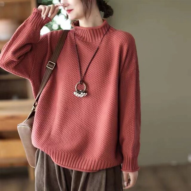 New autumn purple half turtleneck cotton thread sweater for women loose large size meat covering casual versatile pullover knitted thread