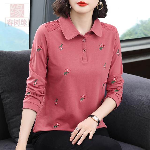 Purple long -sleeved lapel T -shirt female new cotton cotton middle -aged and elderly mother loose shirt pure cotton POLO embroidered top

