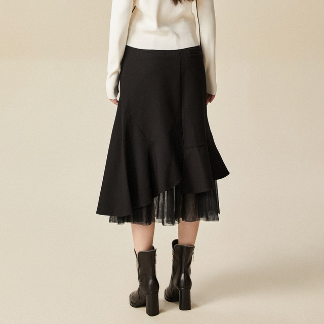 xg Xue Ge 2024 winter style commuting high waist mesh splicing solid color ruffled skirt for women XJ403026A590
