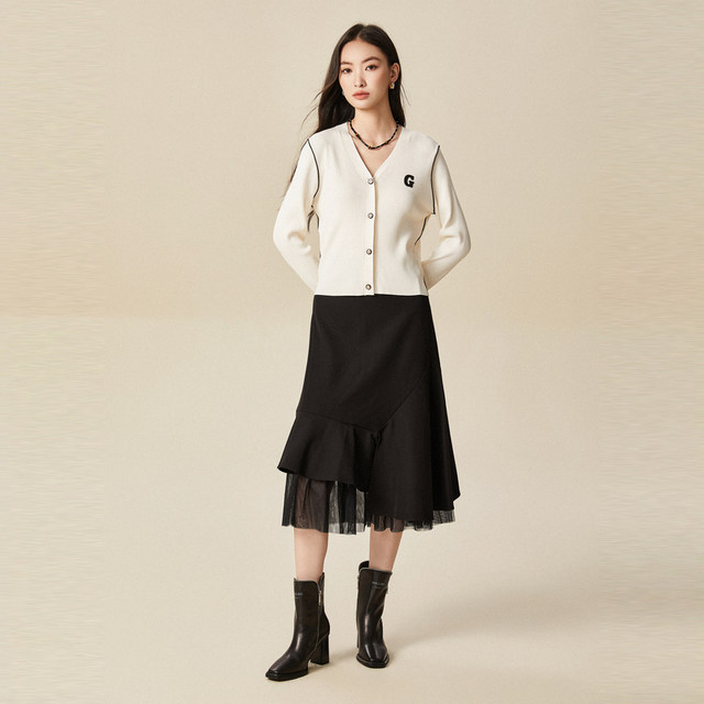 xg Xue Ge 2024 winter style commuting high waist mesh splicing solid color ruffled skirt for women XJ403026A590
