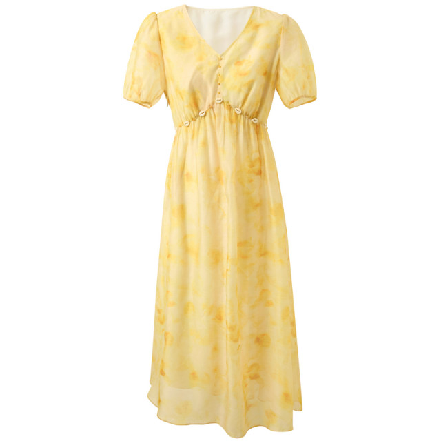 
Ruochao large size women's clothing 2025 summer new French V-neck printed dress with short sleeves waist-hugging fat MM