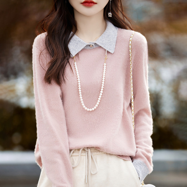 College style sweater for women autumn and winter new fake two-piece sweater British polo collar main image 1