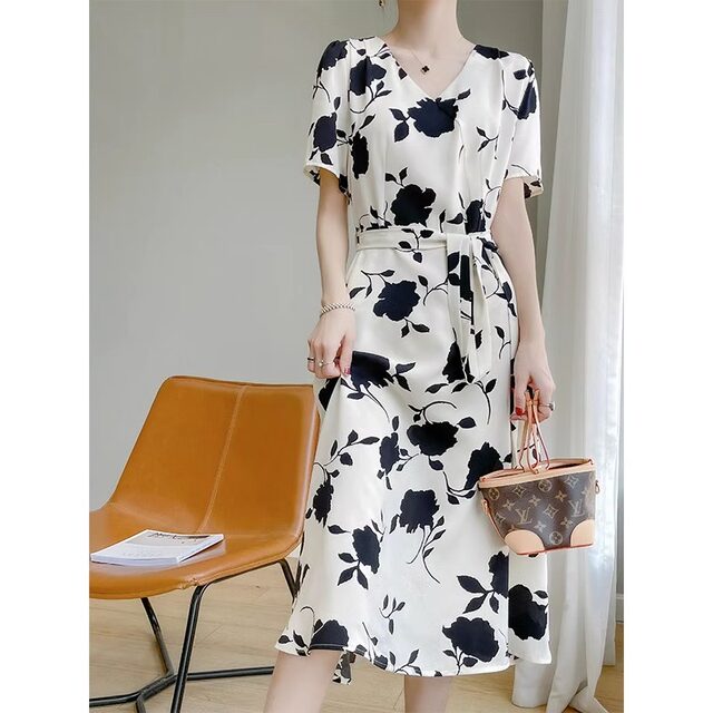 2024 new summer acetate satin V-neck short-sleeved dress for women French high-end temperament belt to slim waist