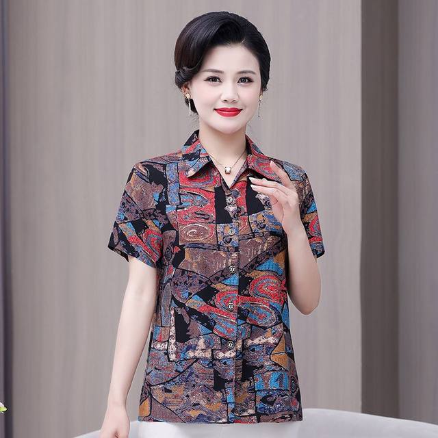 Middle-aged and elderly women's summer clothes, cotton short-sleeved shirt, mother, grandma, artificial cotton large-size cardigan, women's clothes, women's cotton silk
