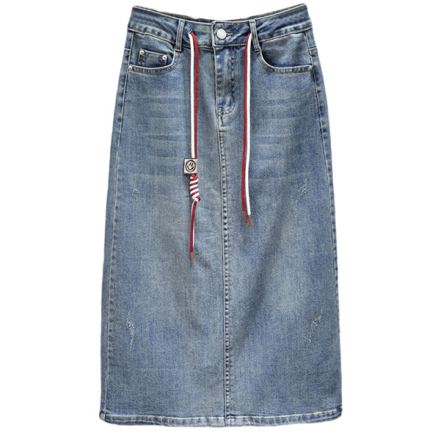 2025 spring and summer lace-up denim skirt for women with high waist elastic hip slit skirt trendy and fashionable mid-length skirt