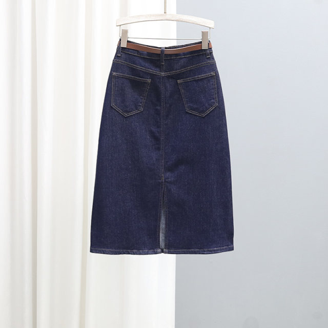 Summer mid-length high-waist denim skirt 2025 loose slim dark blue skirt versatile rear slit hip-pack skirt
