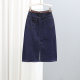 Summer mid-length high-waist denim skirt 2025 loose slim dark blue skirt versatile rear slit hip-pack skirt