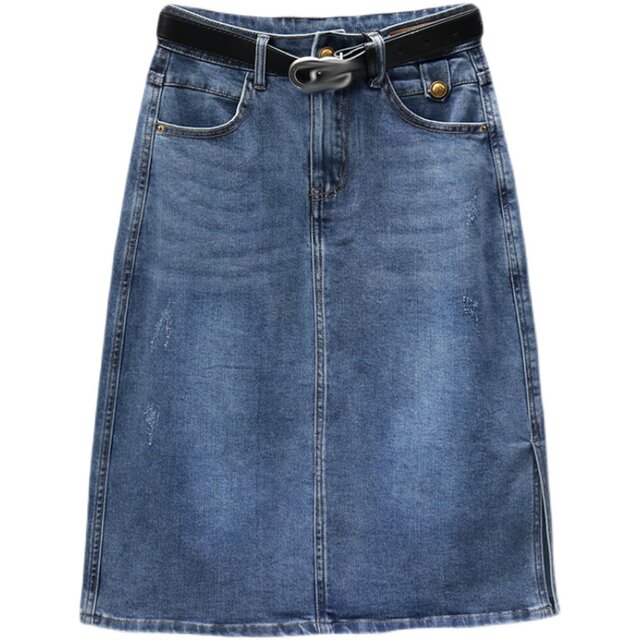 Spring and summer denim skirt for women 2025 new high-waist elastic slimming mid-length side slit A-line skirt versatile skirt