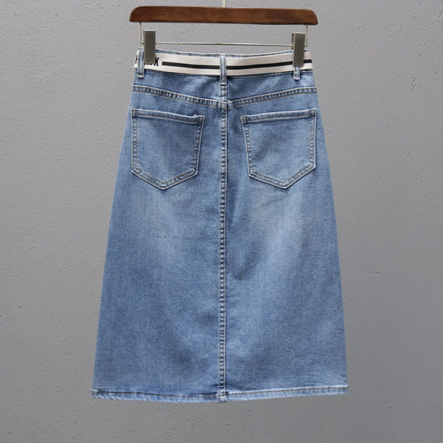 2025 spring and summer mid-length denim skirt for women European products, single-breasted front slit skirt, trendy slim skirt