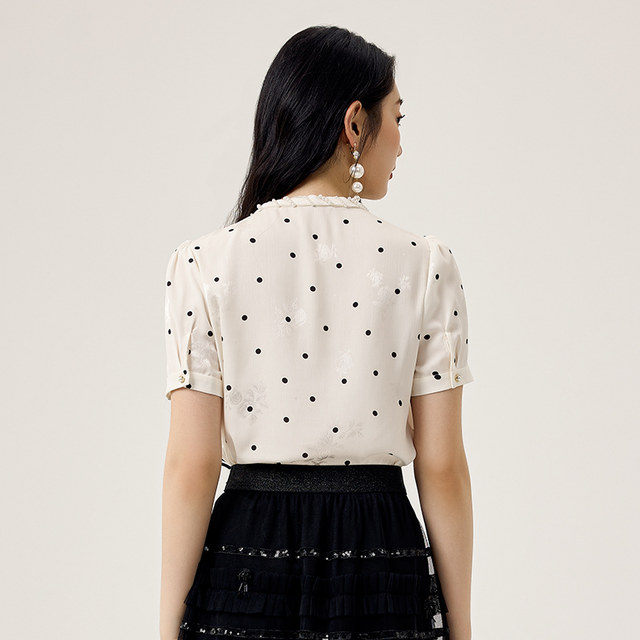 FEXATA Figus 2025 summer new product French design bow tied polka dot short-sleeved shirt for women