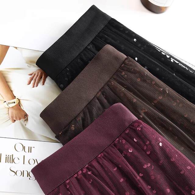 Mesh skirt velvet skirt spring and summer women's new high waist hip-covering drooping large hem skirt sequin skirt long skirt