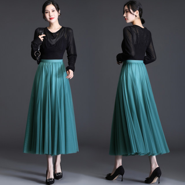 High-waisted gauze skirt with pleated women's spring 2025 new long skirt waist-hugging slimming skirt mid-length A-line large sway
