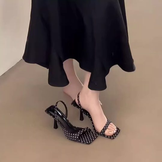 French polka dot strap sandals for women 2025 summer new stiletto square toe open toe with skirt and high heels