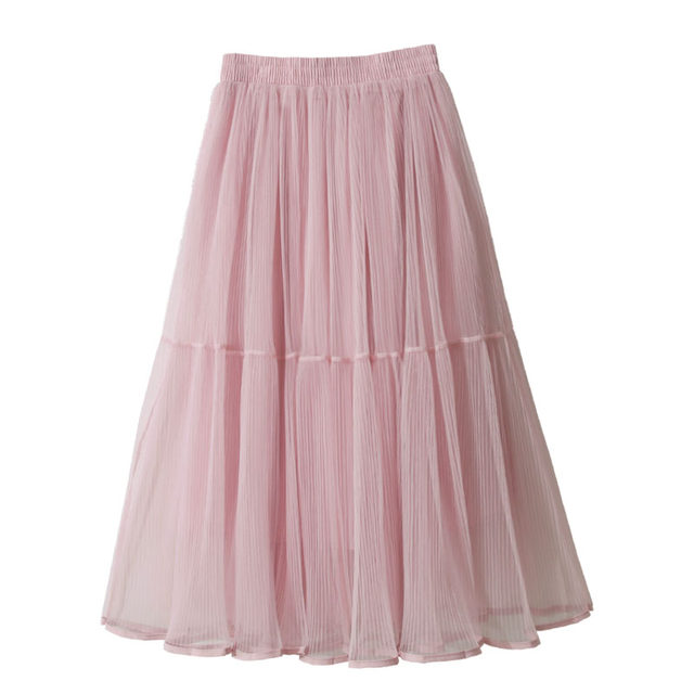 Spring new sweet solid color simple pleated fairy skirt A-line large sway high waist mesh splicing mid-length skirt
