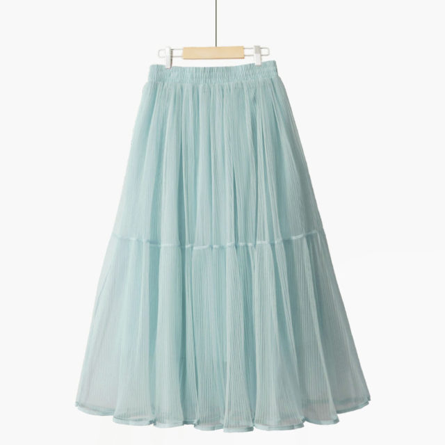 Spring new sweet solid color simple pleated fairy skirt A-line large sway high waist mesh splicing mid-length skirt
