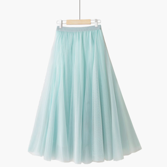 Spring sweet 20 pieces spliced ​​oversized high waist dreamy solid color pleated A-line slim fairy mesh skirt

