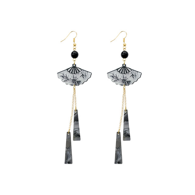 New Chinese style retro Chinese style ink fan-shaped tassel earrings temperament earrings new high-end personality temperament earrings