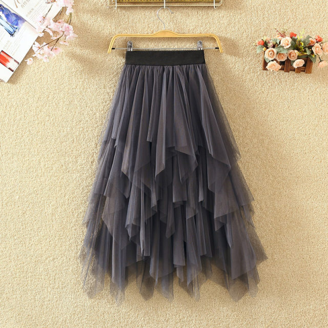Spring and summer gauze skirt autumn and winter irregular mesh skirt high waist layer cake skirt A-line mid-length puffy skirt for women